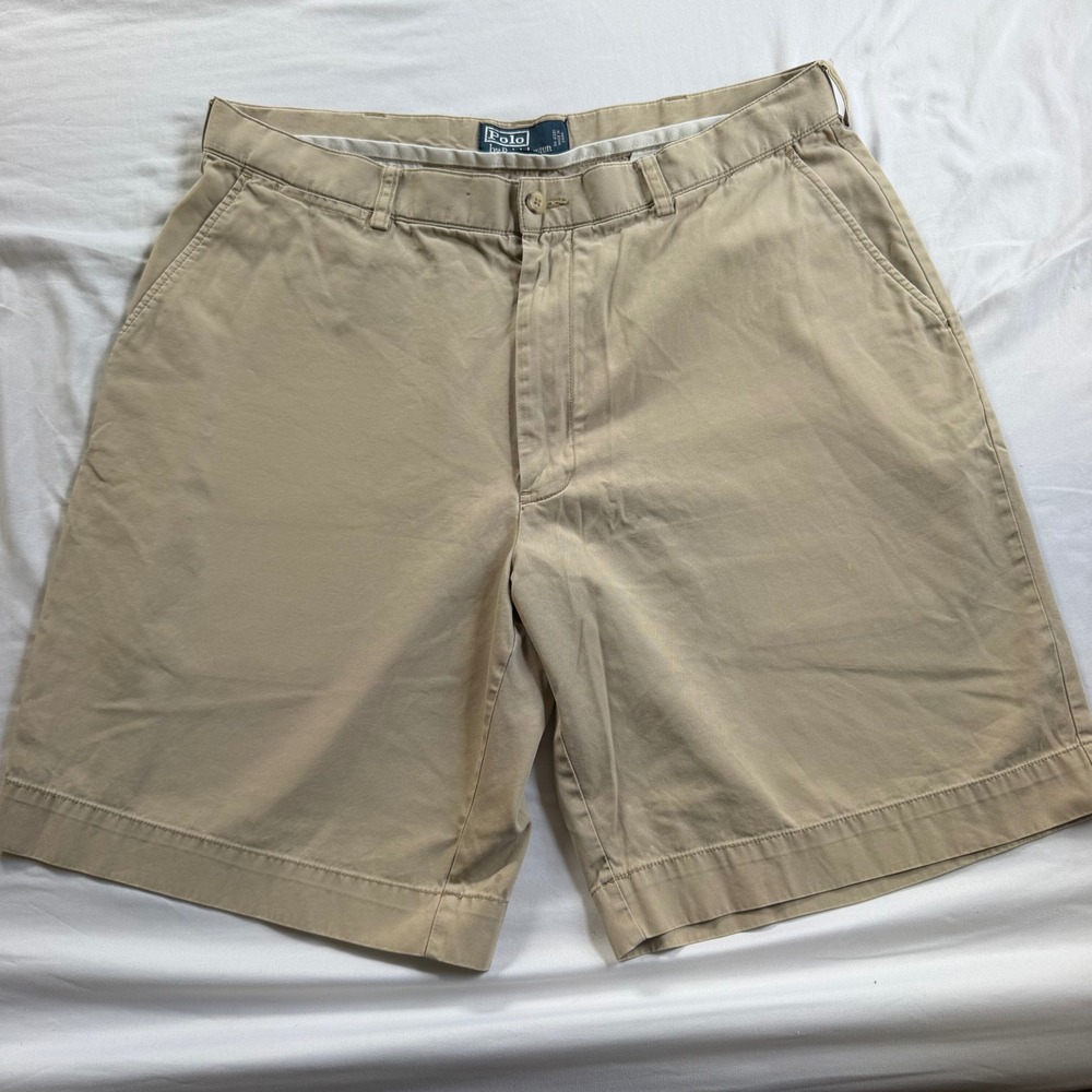 Vintage Polo Ralph Lauren Mens Tan Khaki Chino Shorts Cotton Size 36 Flat Front
